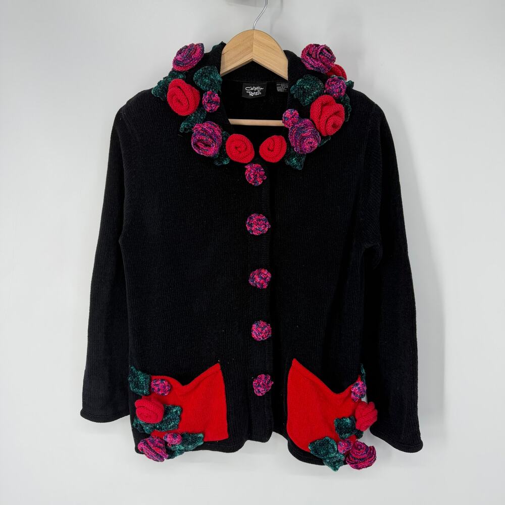 Christina Rotelli Vintage 90's Cardigan Floral Rosette Chunky Chenille Sweater - Picture 2 of 13